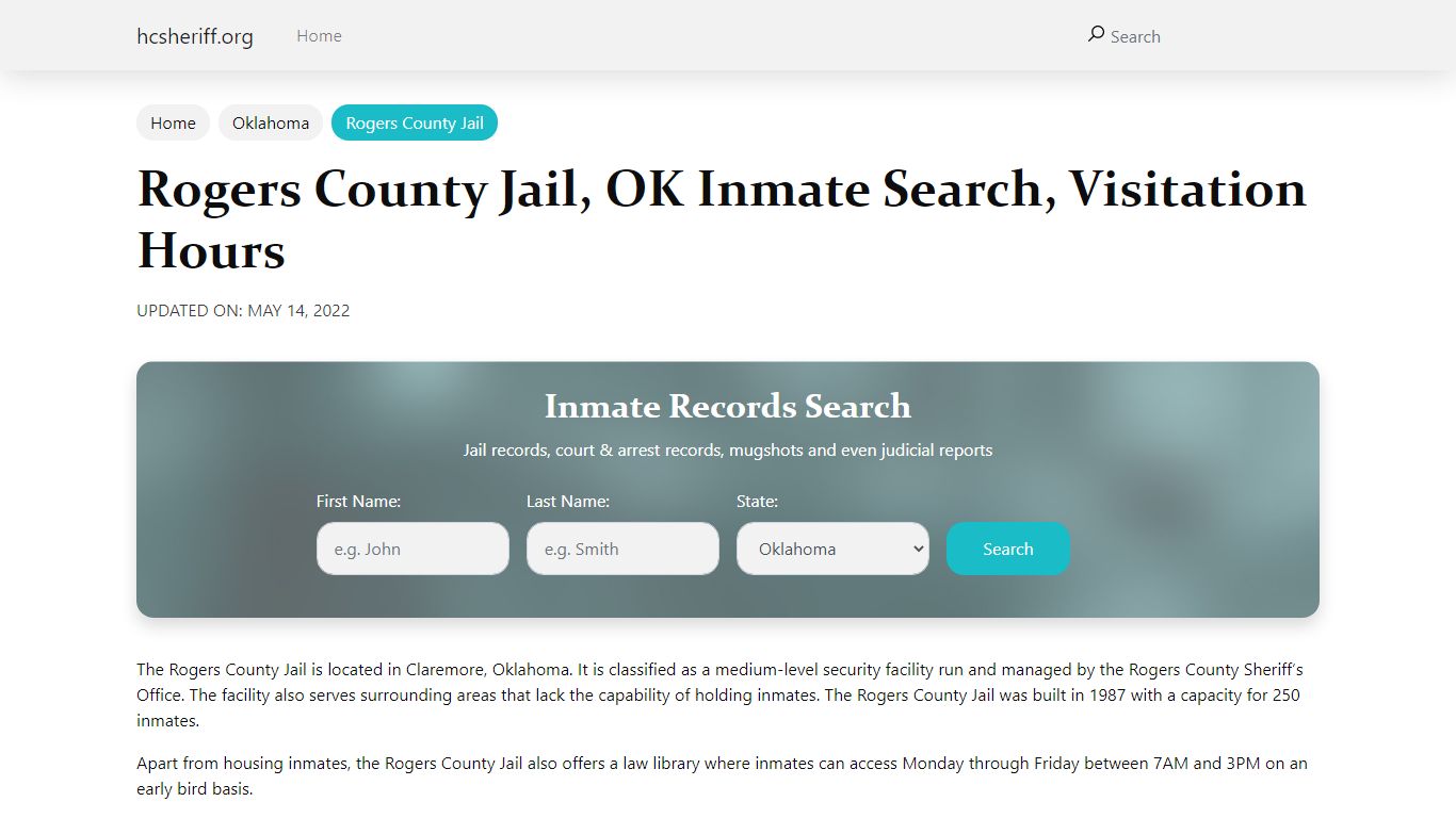 Rogers County Jail , OK Inmate Search, Visitation Hours